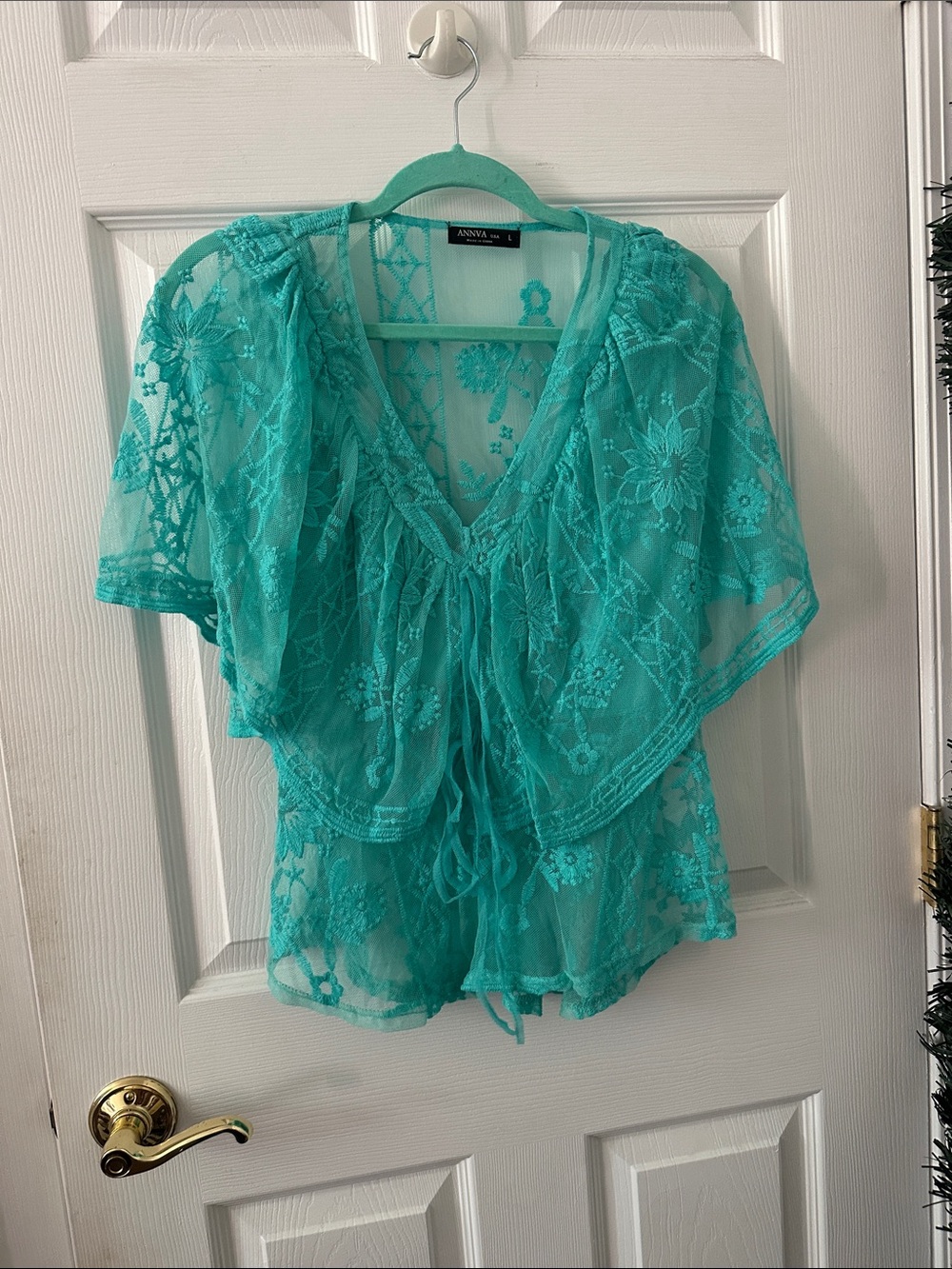 Teal Lace Overlay V-Neck Women's Top